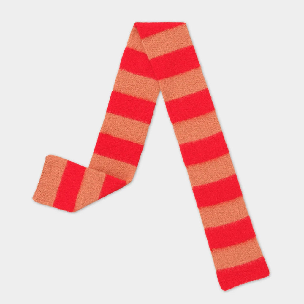 Red and tan striped knitted scarf.
