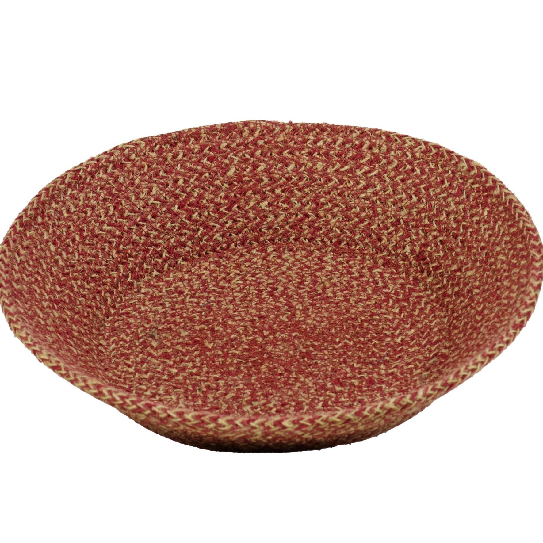 Red and beige jute bowl, shallow, round, textured woven design.