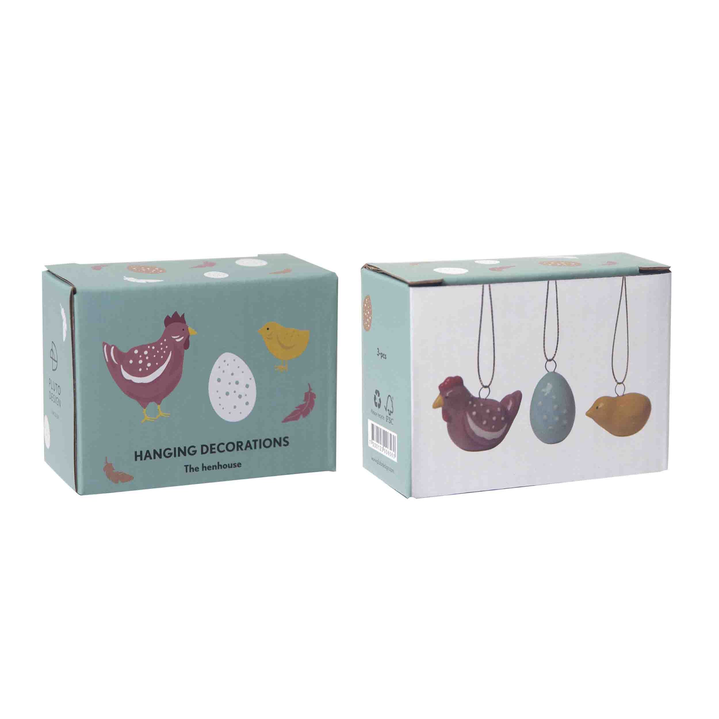 Three-piece henhouse hanging decoration set.  Includes a hen, chick, and egg ornament.