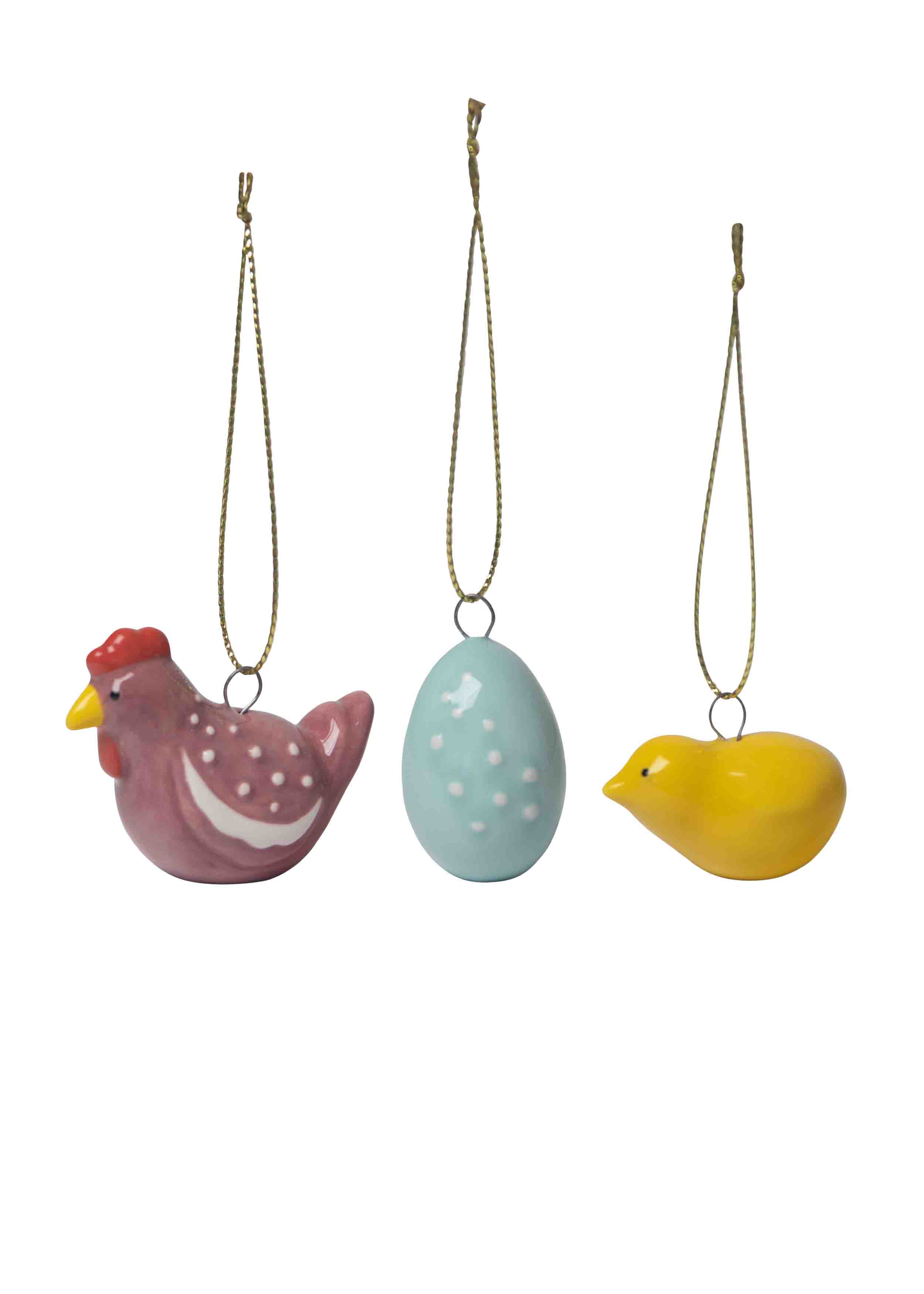 Three ceramic Easter ornaments: a hen, an egg, and a chick.  Each hangs from a gold cord.