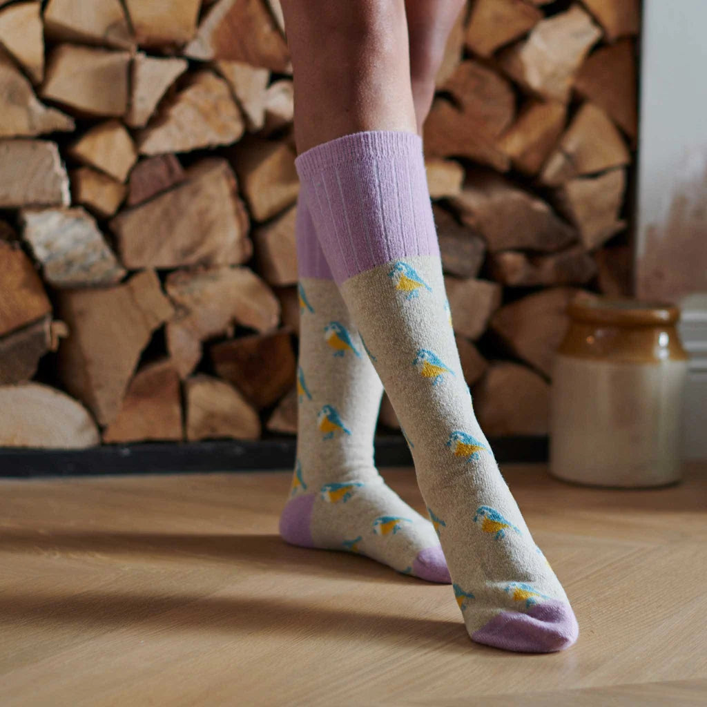 Cream-colored knee-high socks with a repeating bluebird pattern and lavender-colored cuffs.