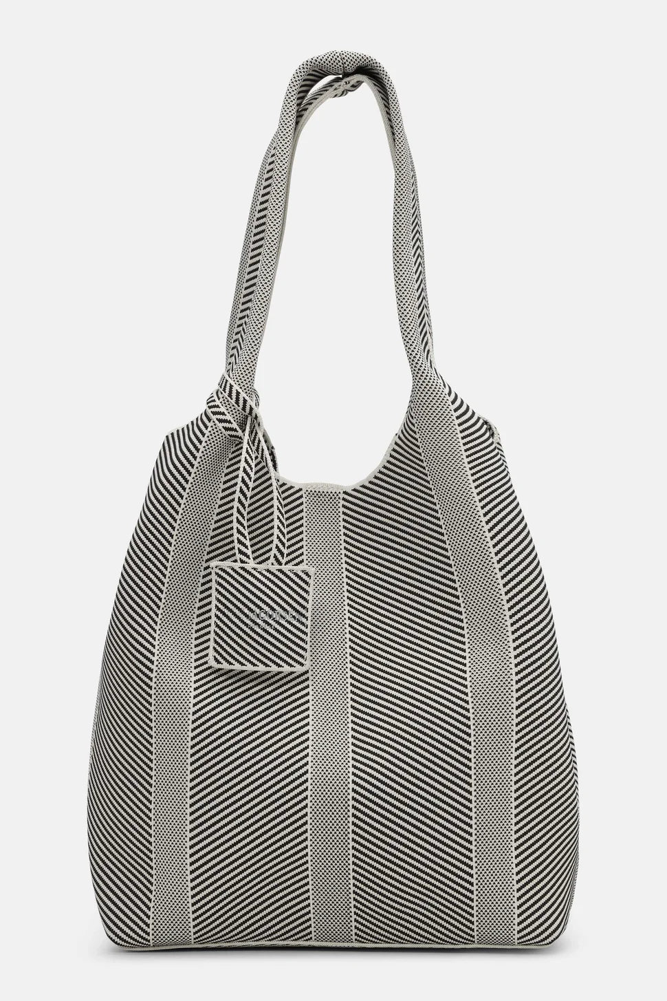 Gray and white striped tote bag on a white background