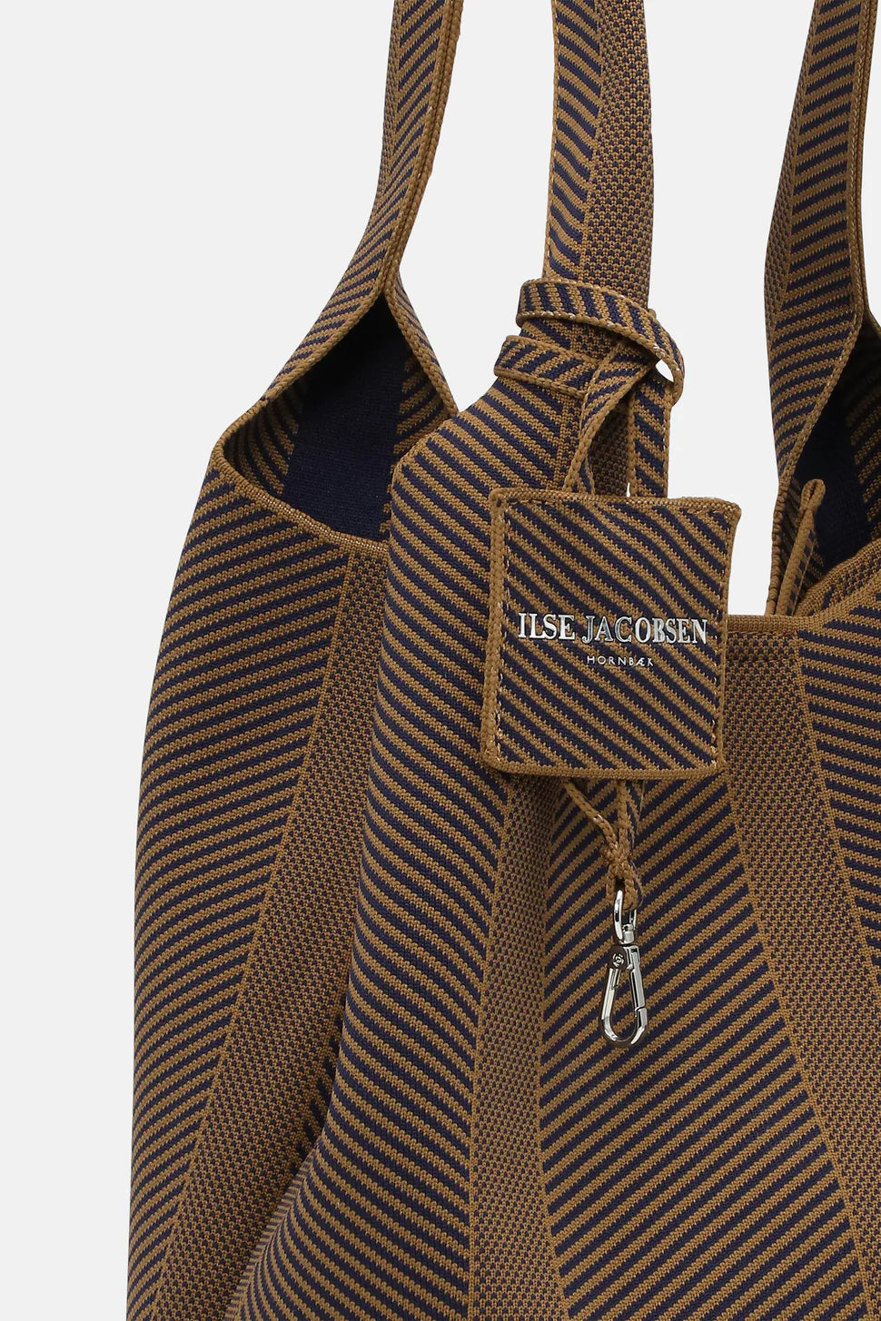 Brown striped bag with 'ILSE JACOBS' branding on a white background