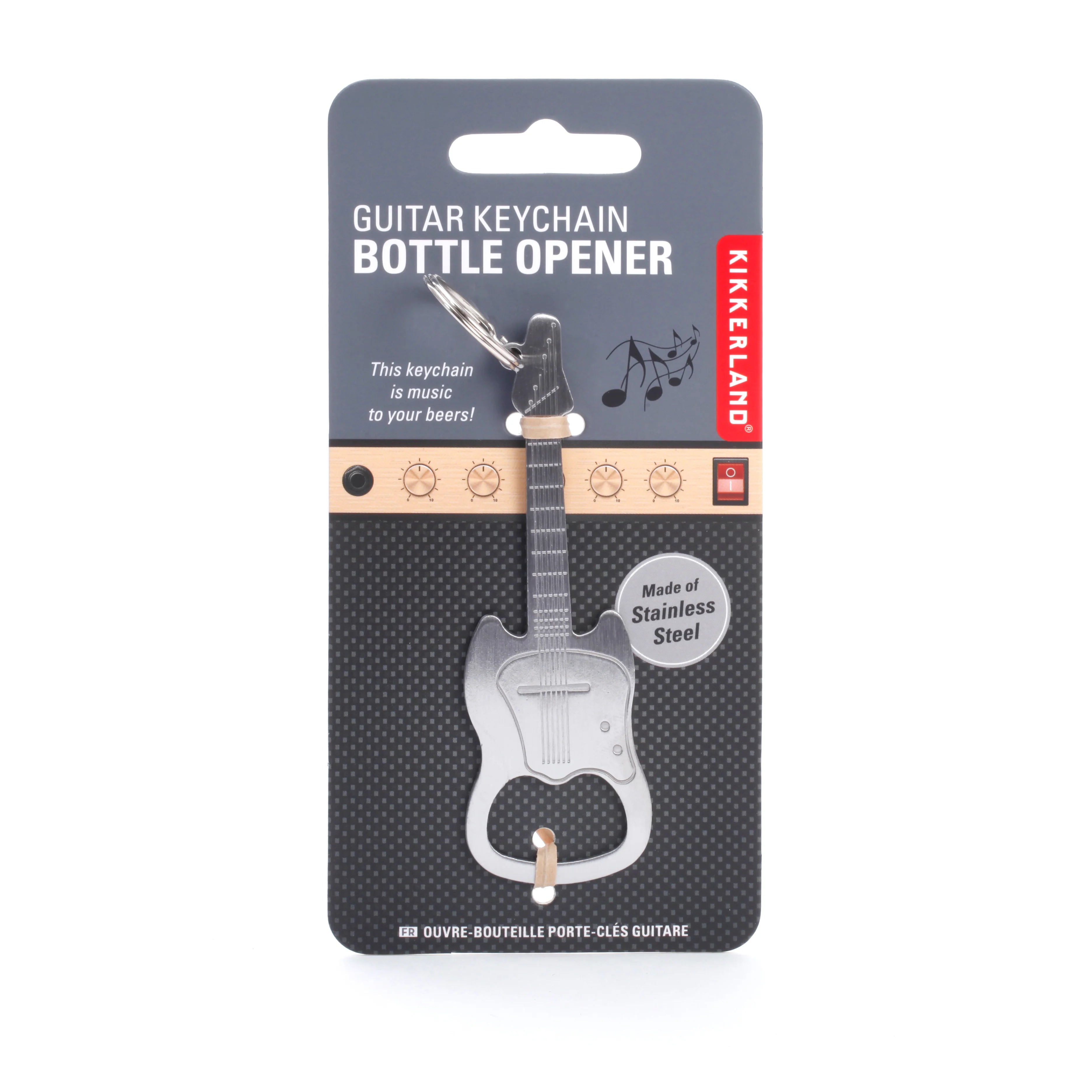 Silver guitar-shaped bottle opener keychain on a display card.  Made of stainless steel.
