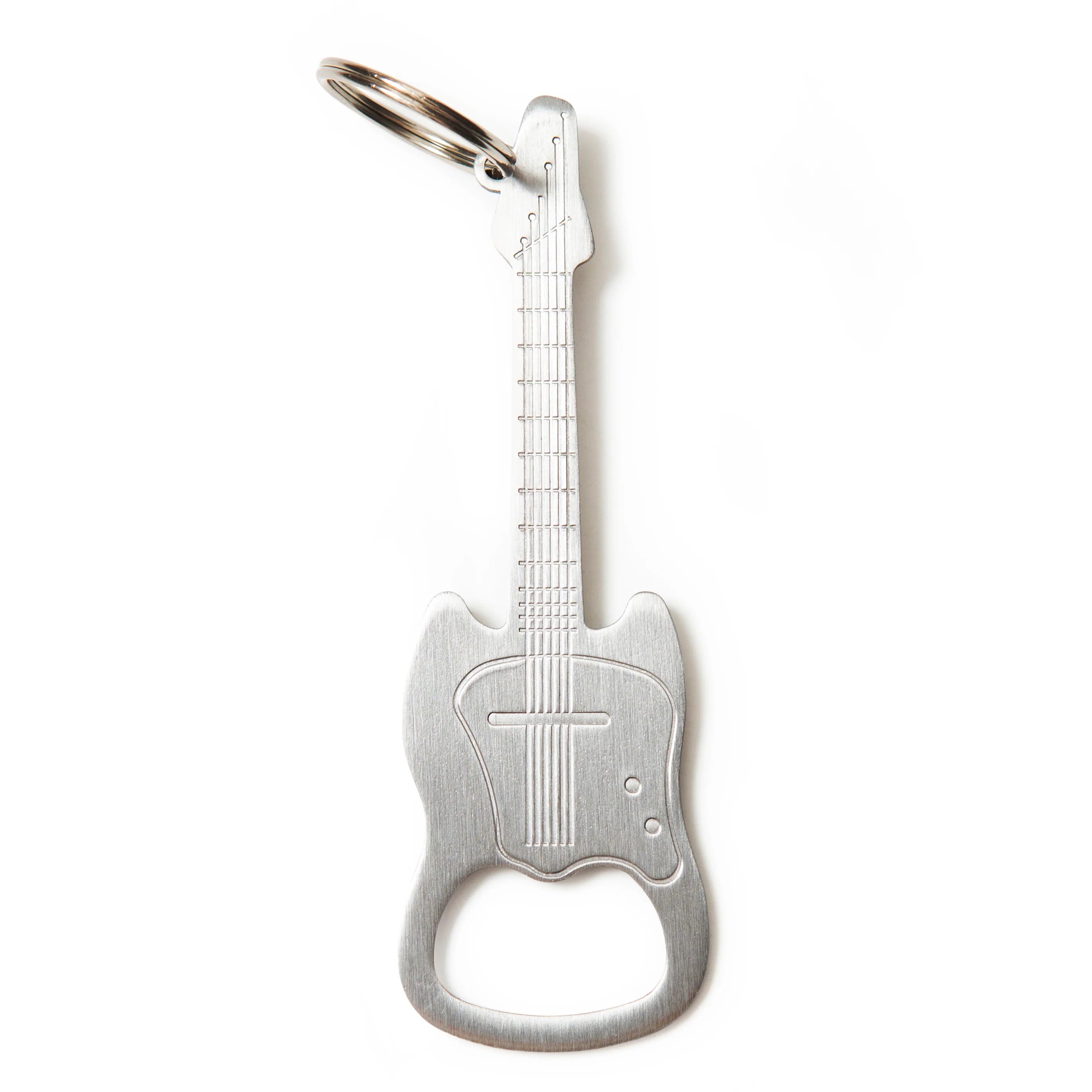 Silver guitar-shaped bottle opener keychain.  The opener features etched guitar details and a brushed metal finish.