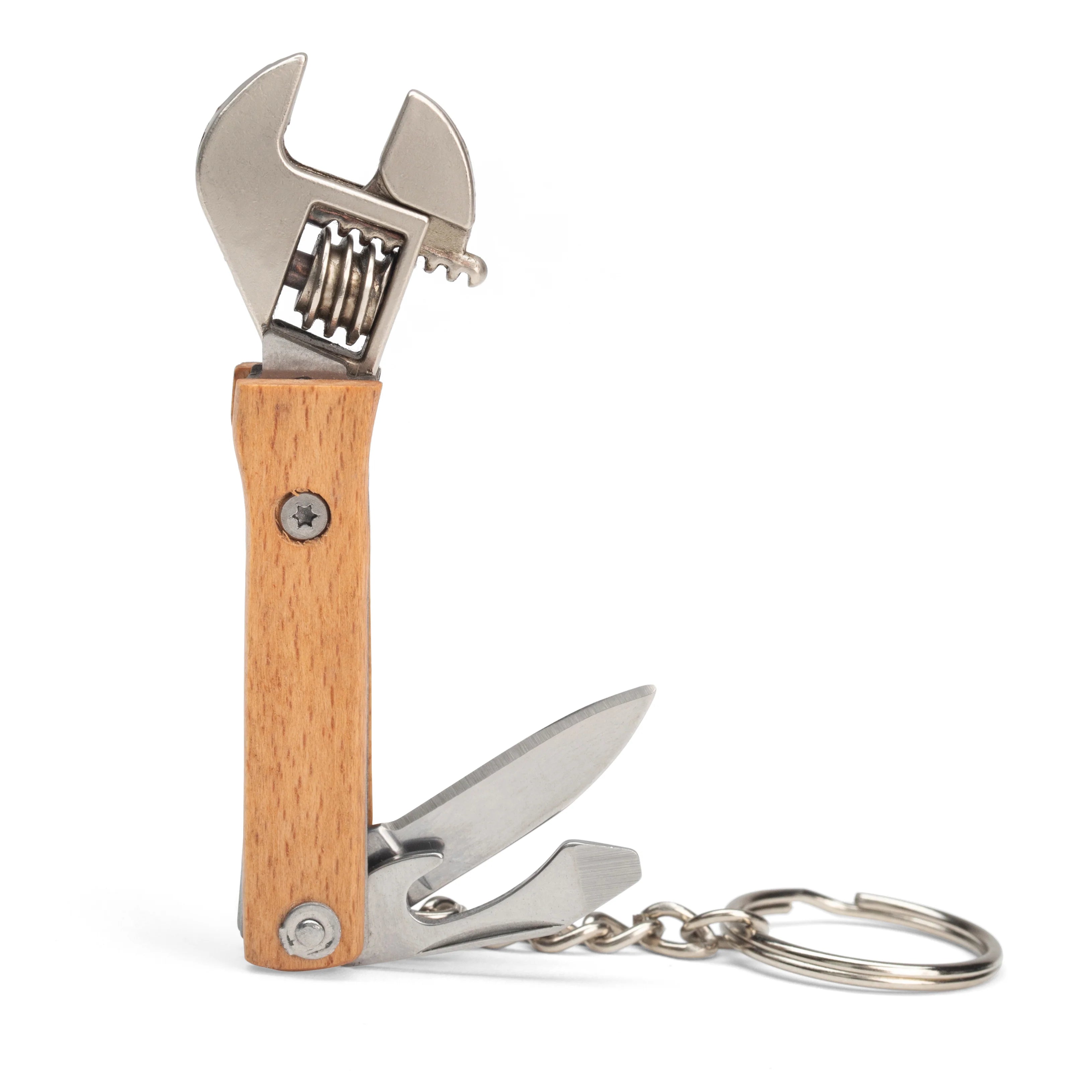 Multitool keychain with wrench and knife design on a white background