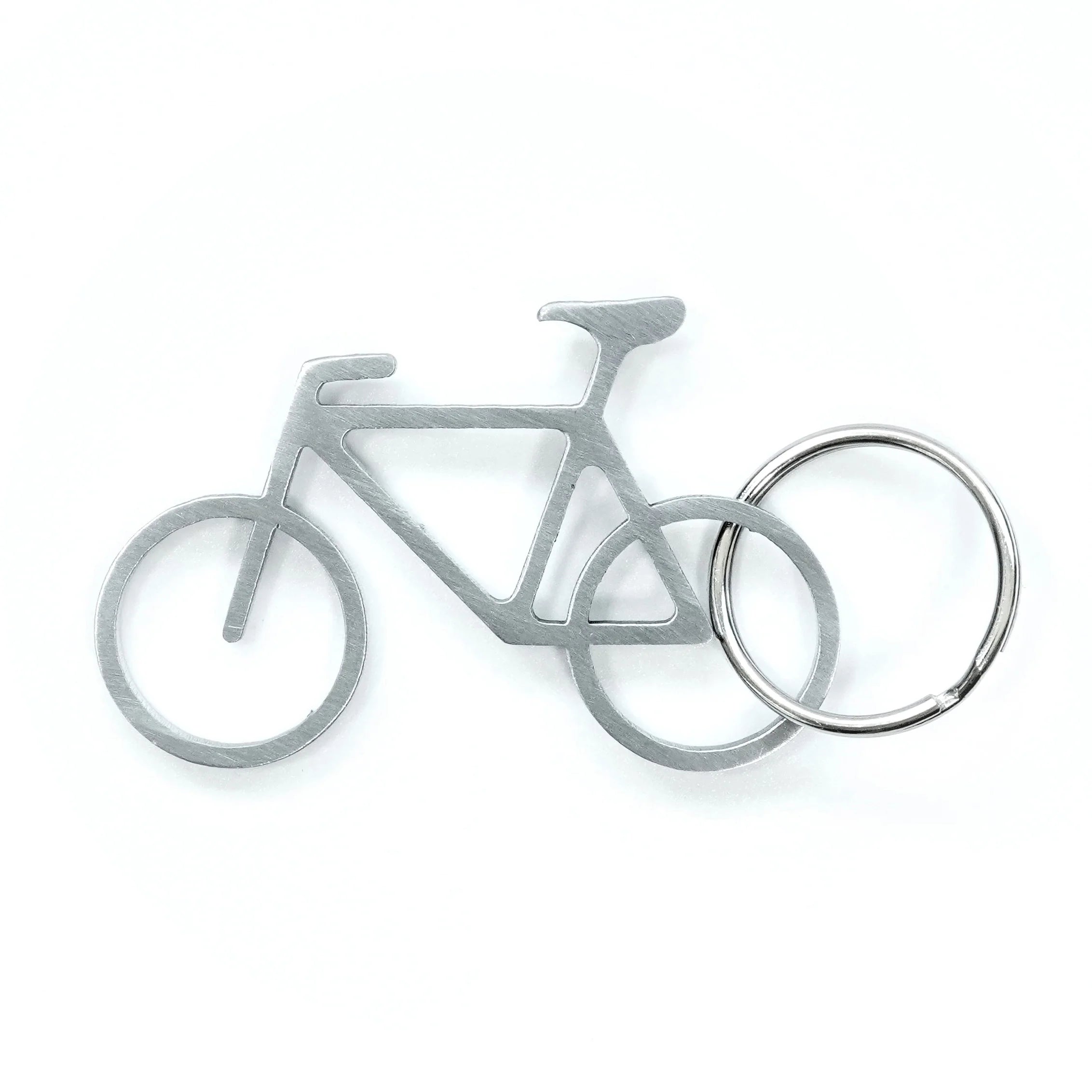 Silver metal bicycle-shaped keychain.