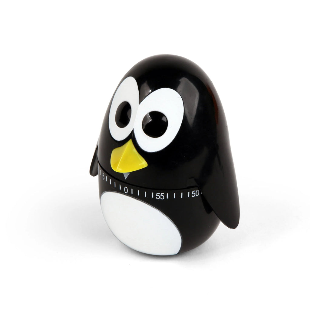 Black penguin-shaped kitchen timer with a rotating dial showing minutes from 0 to 150.