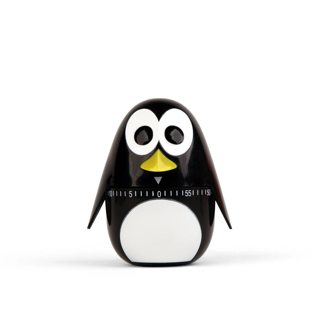 Black and white penguin-shaped kitchen timer with a rotating dial showing minutes.