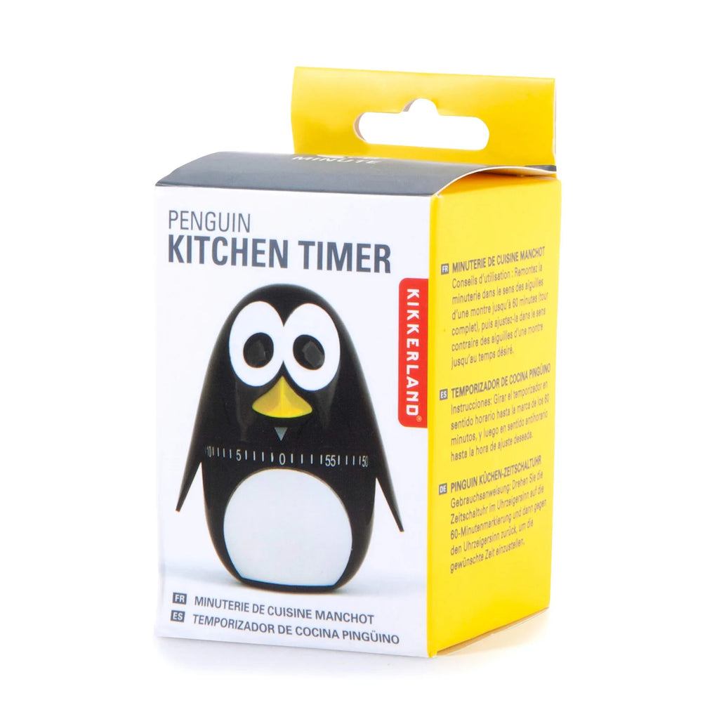 Penguin-shaped kitchen timer in its box;  black and white design with rotating dial showing minutes 0-60.