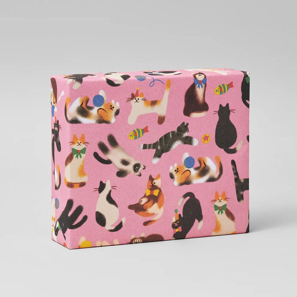 A rectangular gift box wrapped in pink paper featuring a playful pattern of illustrated cats in various poses and colors, set against a neutral gray background.