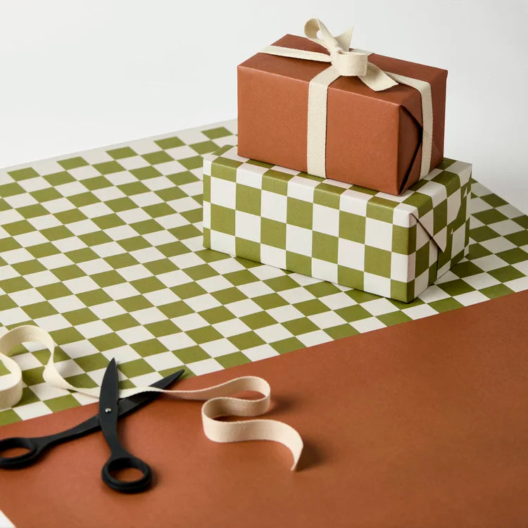Wrapping Paper - Green Checkerboard & Plain Cinnamon - Single Sheet