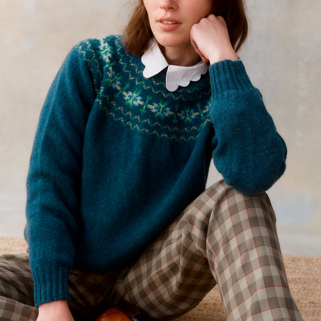 Teal wool sweater with a Fair Isle-style yoke.
