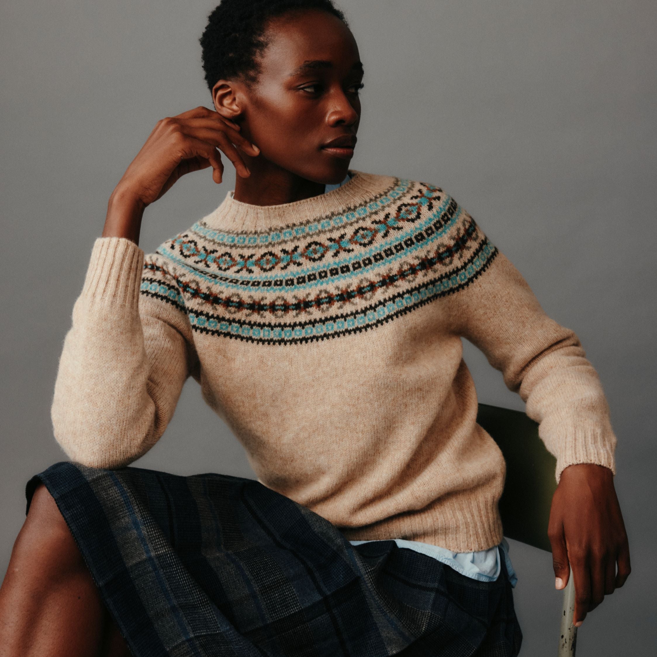 Fairisle Yoke Crew Neck Jumper - Calico