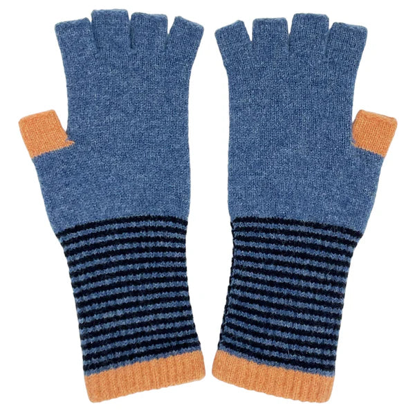 A pair of fingerless knit gloves in heathered blue, featuring dark navy horizontal stripes on the lower portion and contrasting light orange cuffs and thumb tips, shown against a plain white background.