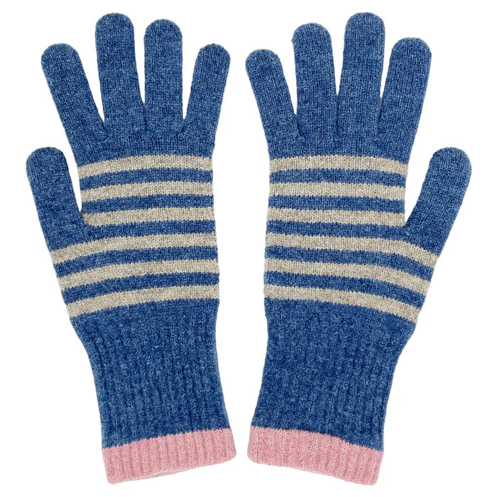 Pair of blue knit gloves with horizontal gray stripes and pink cuffs.