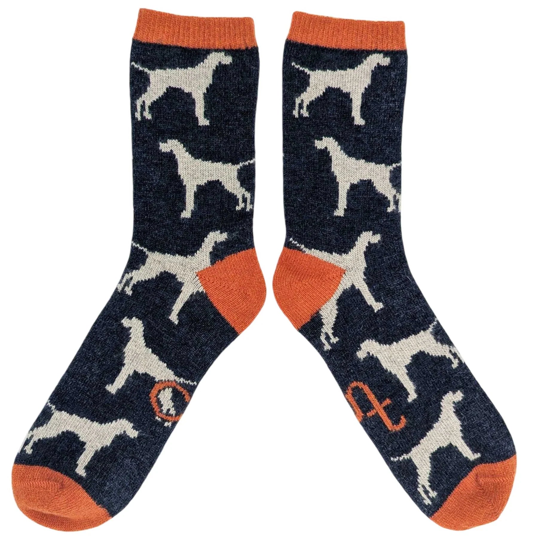 Pair of socks with dog pattern and orange accents on a white background