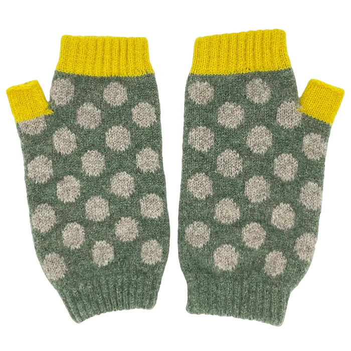 Pair of green fingerless gloves with grey polka dots and yellow cuffs.