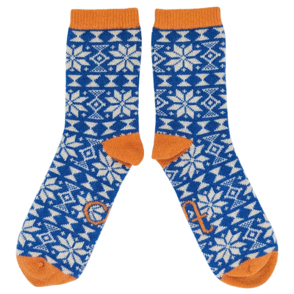 Women's Lambswool Ankle Socks -Fair Isle - Bright Blue / Peach