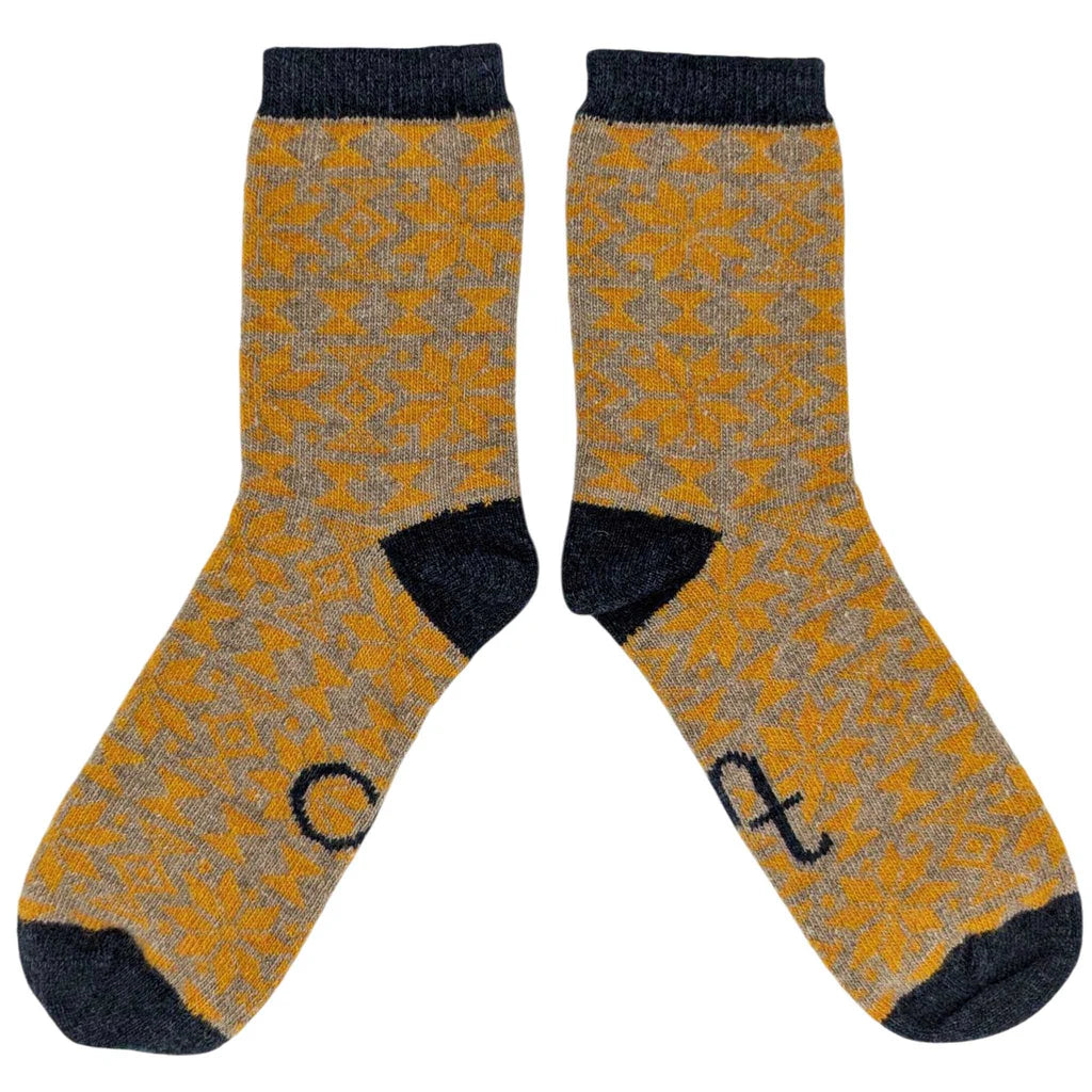 Women's Lambswool Ankle Socks - Fair Isle - Ginger / Navy