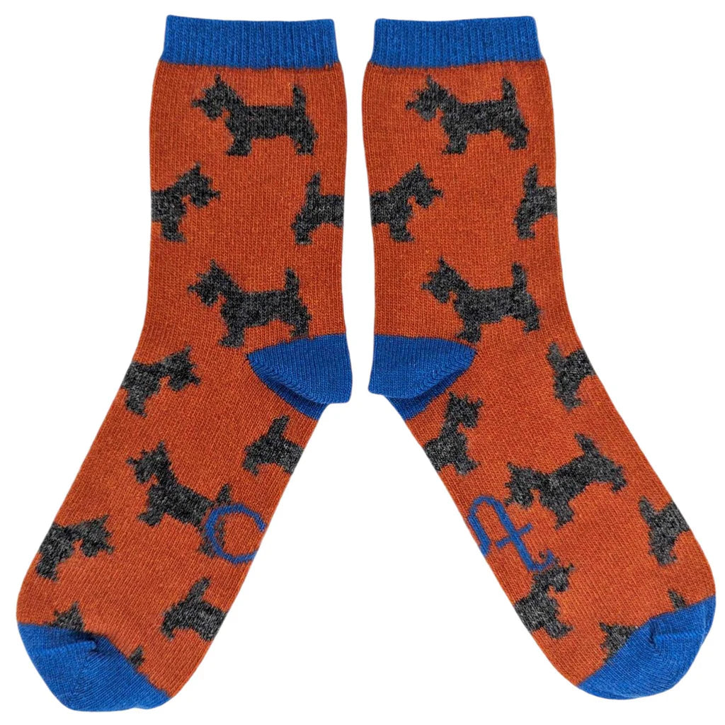 Women's Lambswool Ankle Socks - Scottie Dog - Orange & Blue