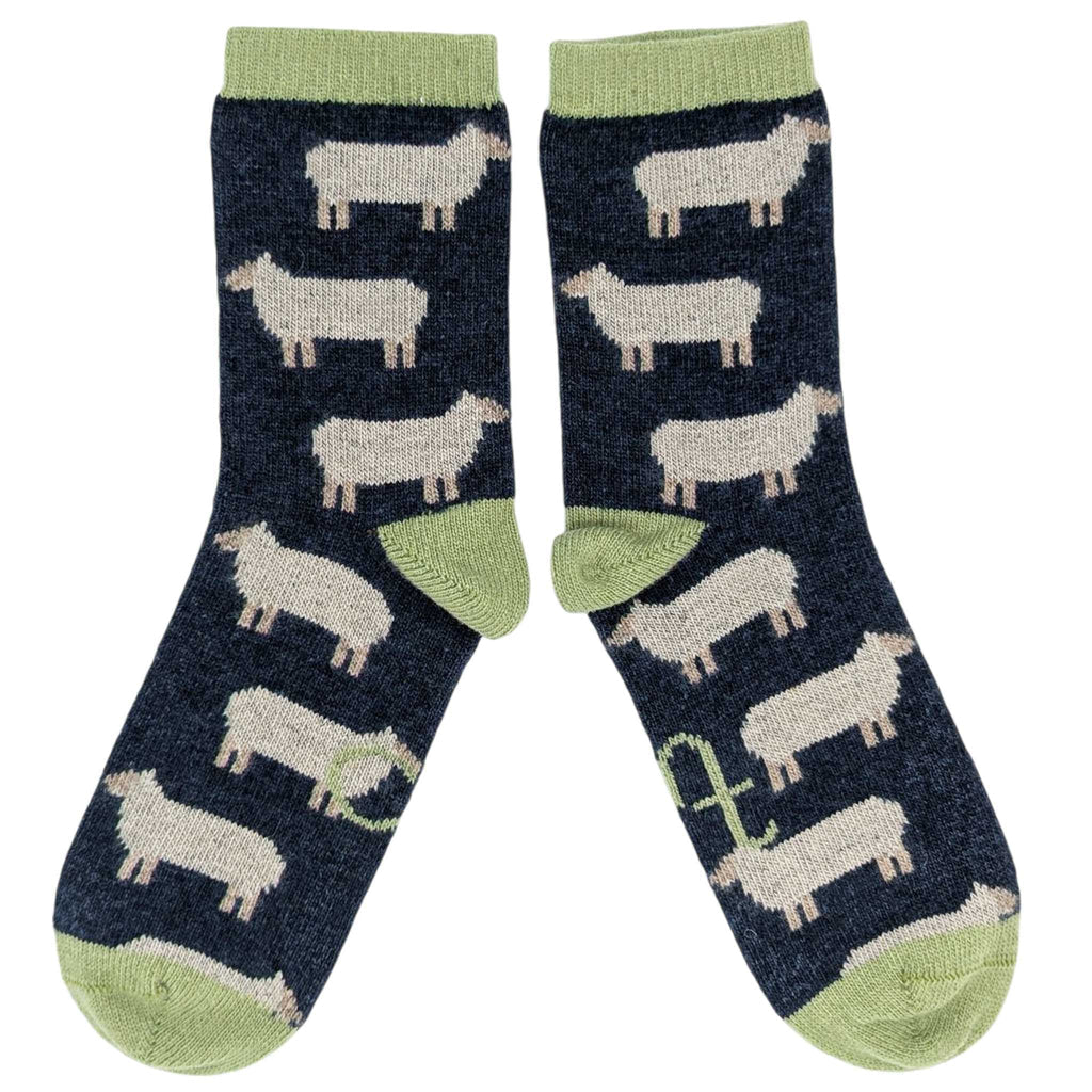 Women's Lambswool Ankle Socks - Sheep - Navy
