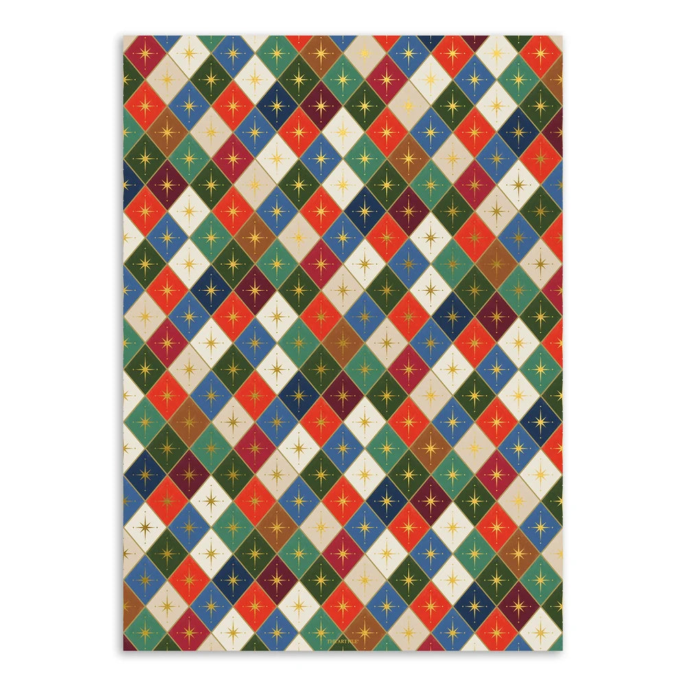 A rectangular product featuring a colorful geometric harlequin diamond pattern with repeating crosses, shown against a plain white background.