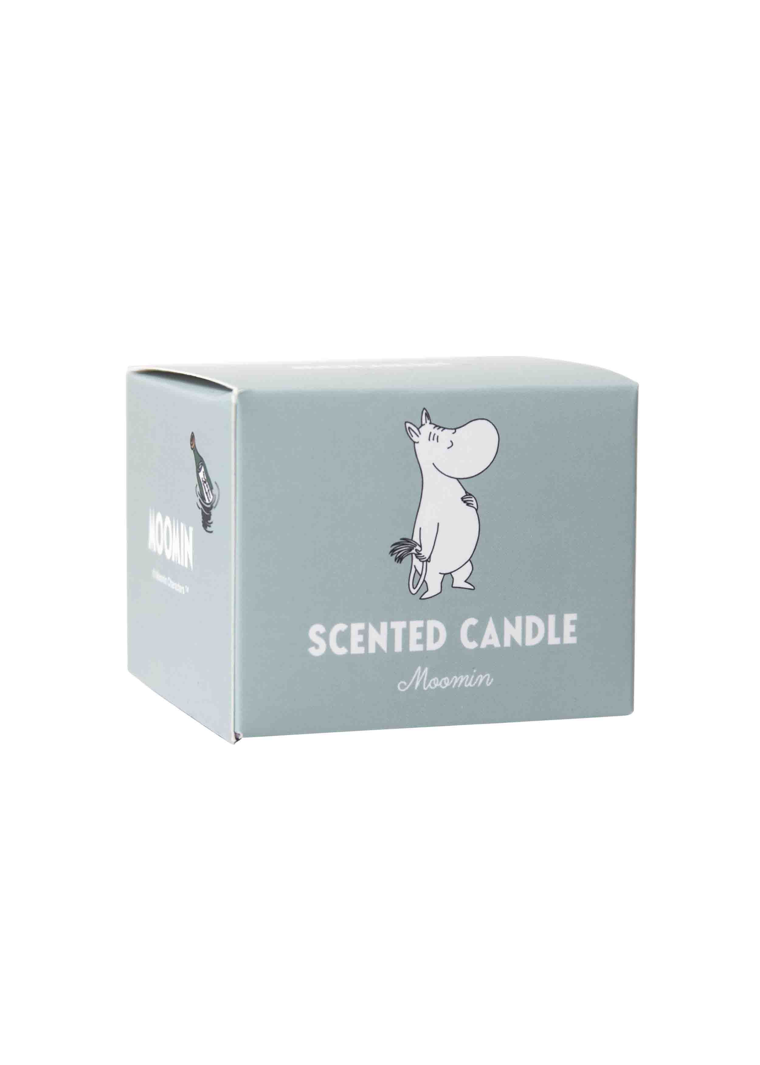 Light blue Moomin scented candle box featuring a Moomin character illustration.