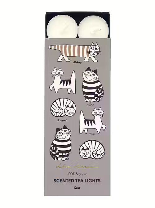Pack of scented tea lights with cat illustrations on a gray background