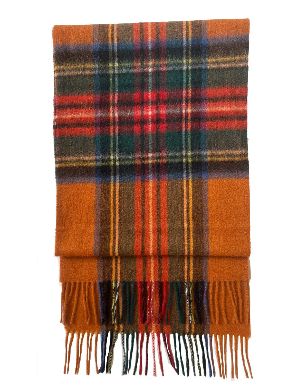Plaid scarf with orange, red, and green colors on a white background