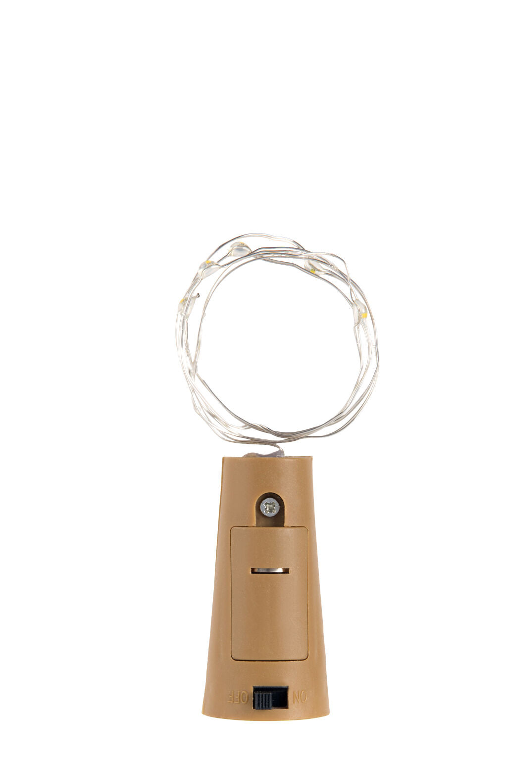 Cork-shaped battery-operated LED string lights;  tan plastic base with on/off switch; silver wire with small warm white