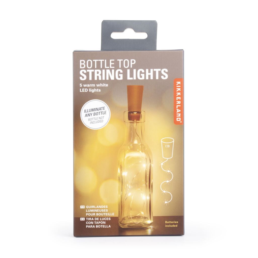 Bottle top string lights; 5 warm white LEDs; cork-topped bottle shown in packaging.