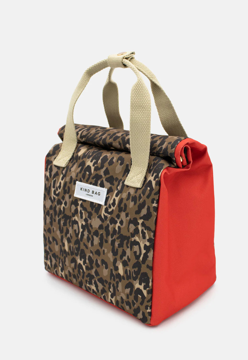 Leopard print and red insulated lunch bag with beige handle on a white background