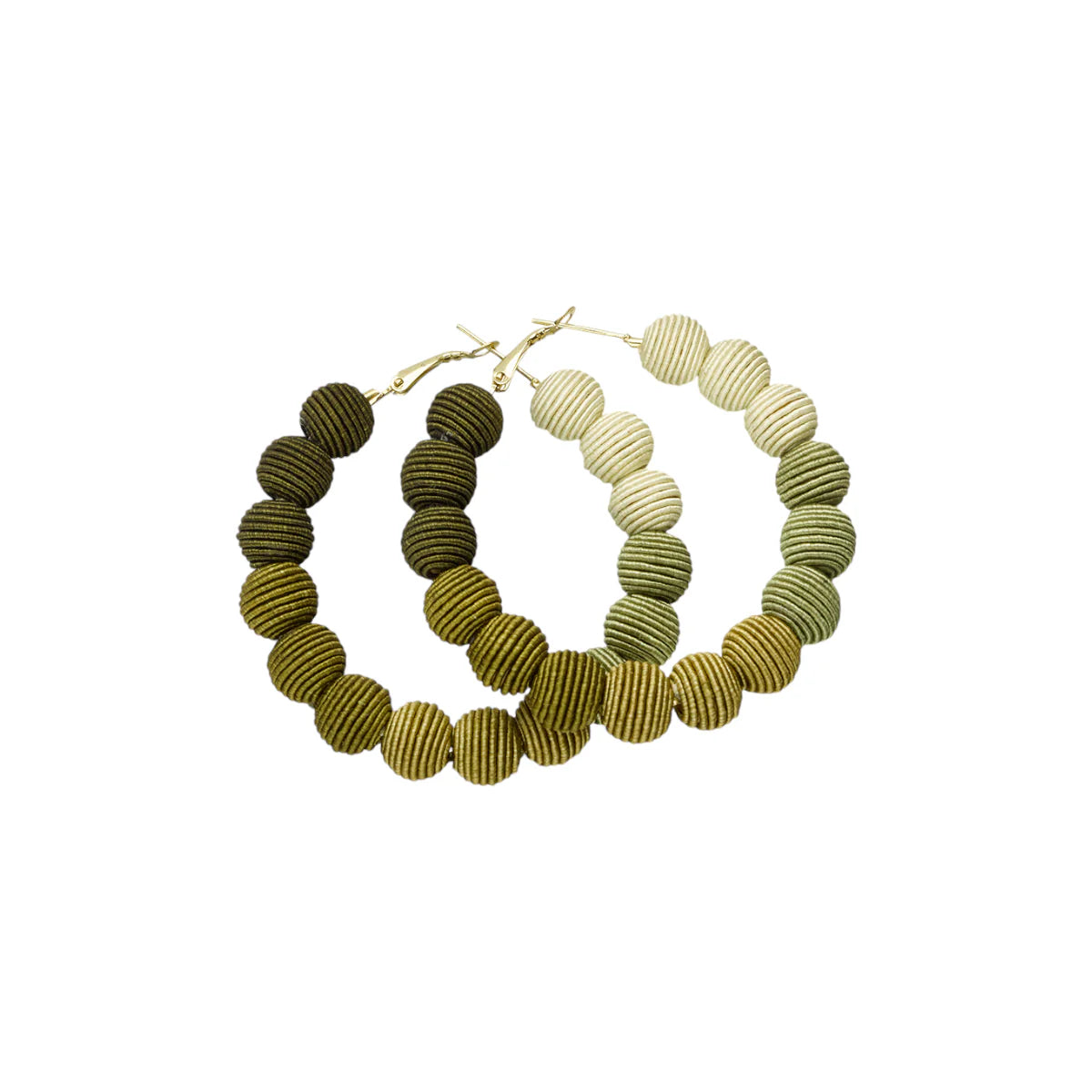 Pair of olive green and beige fabric hoop earrings.  Each hoop is composed of small, textured spheres graduating in color.