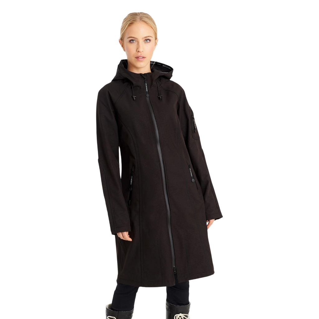 Black hooded raincoat with zipper closure, long sleeves, and side pockets. Model wearing it against a white background.