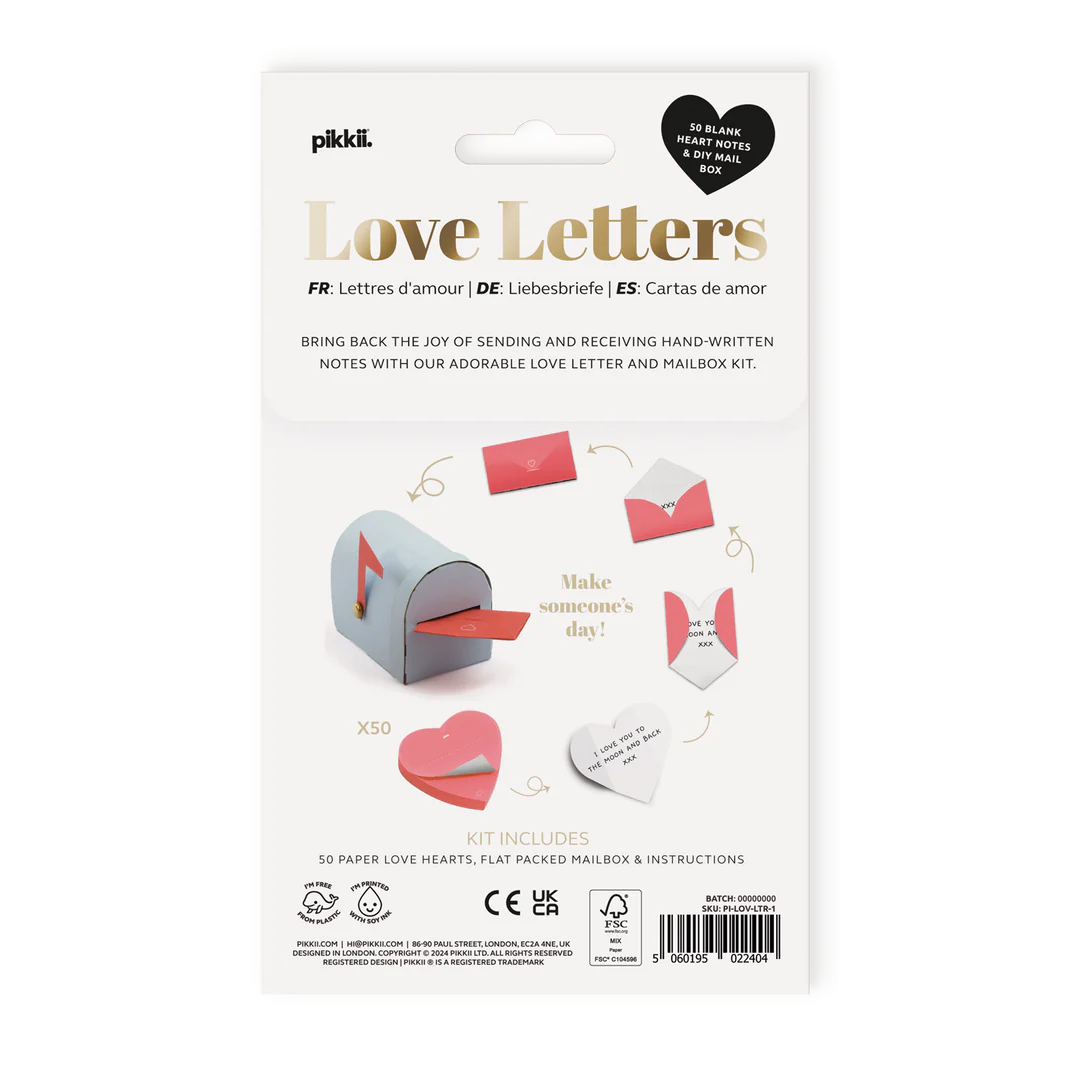 Pakkaged love letter set with hearts and mailbox on a white background