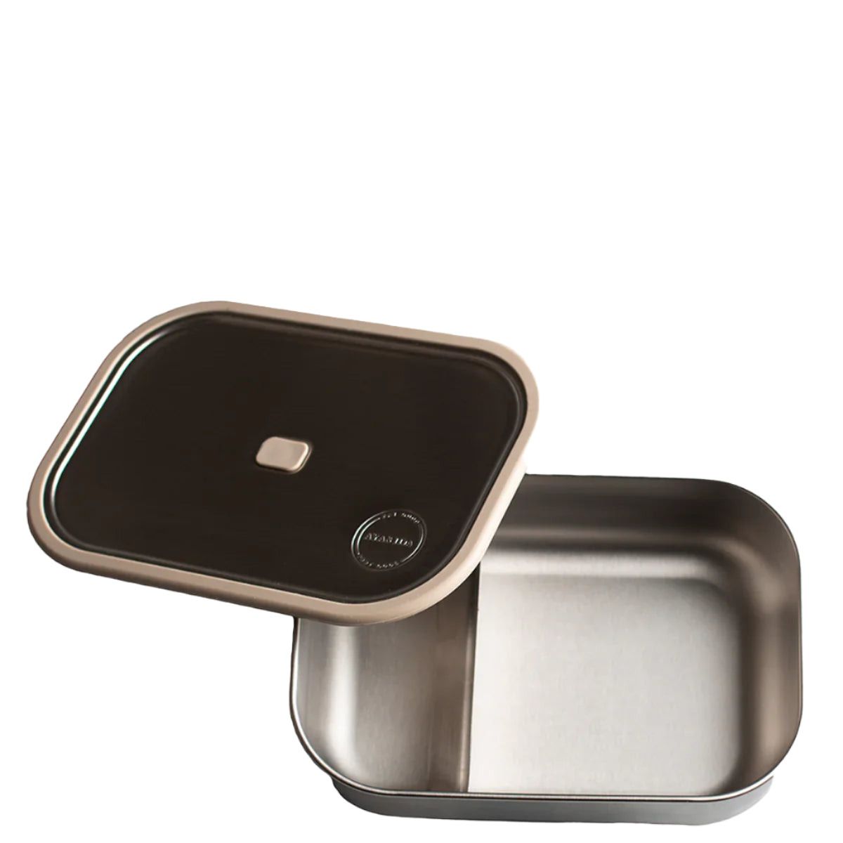 Stainless steel bento box with a dark gray, removable lid and a beige silicone seal.  The box has a divided interior.