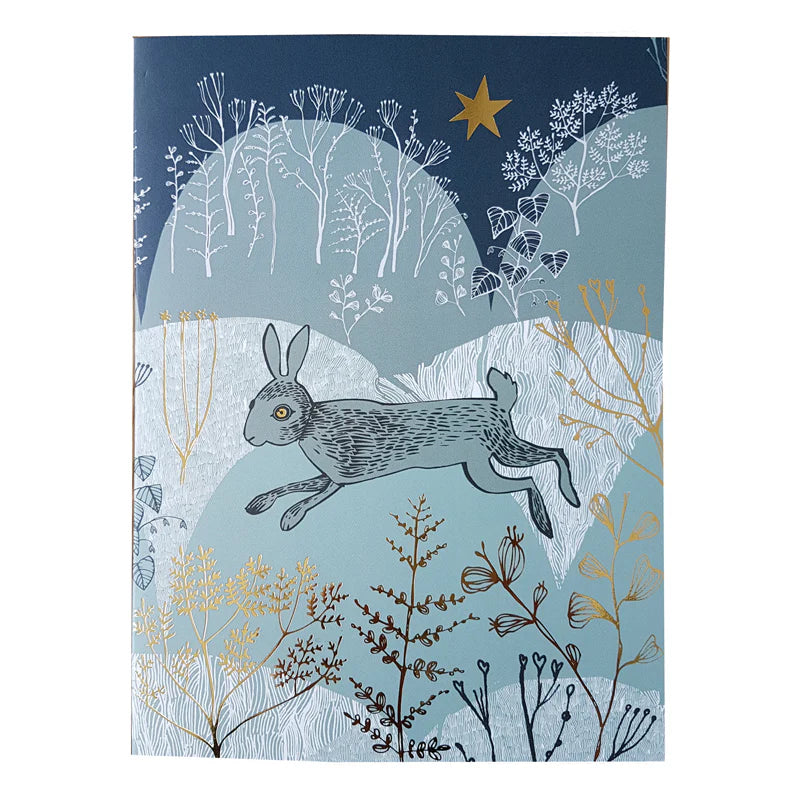 Illustration of a hare in a natural landscape with trees and a star.