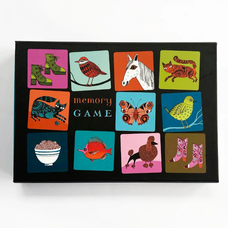 Memory game box with colorful illustrations on a white background