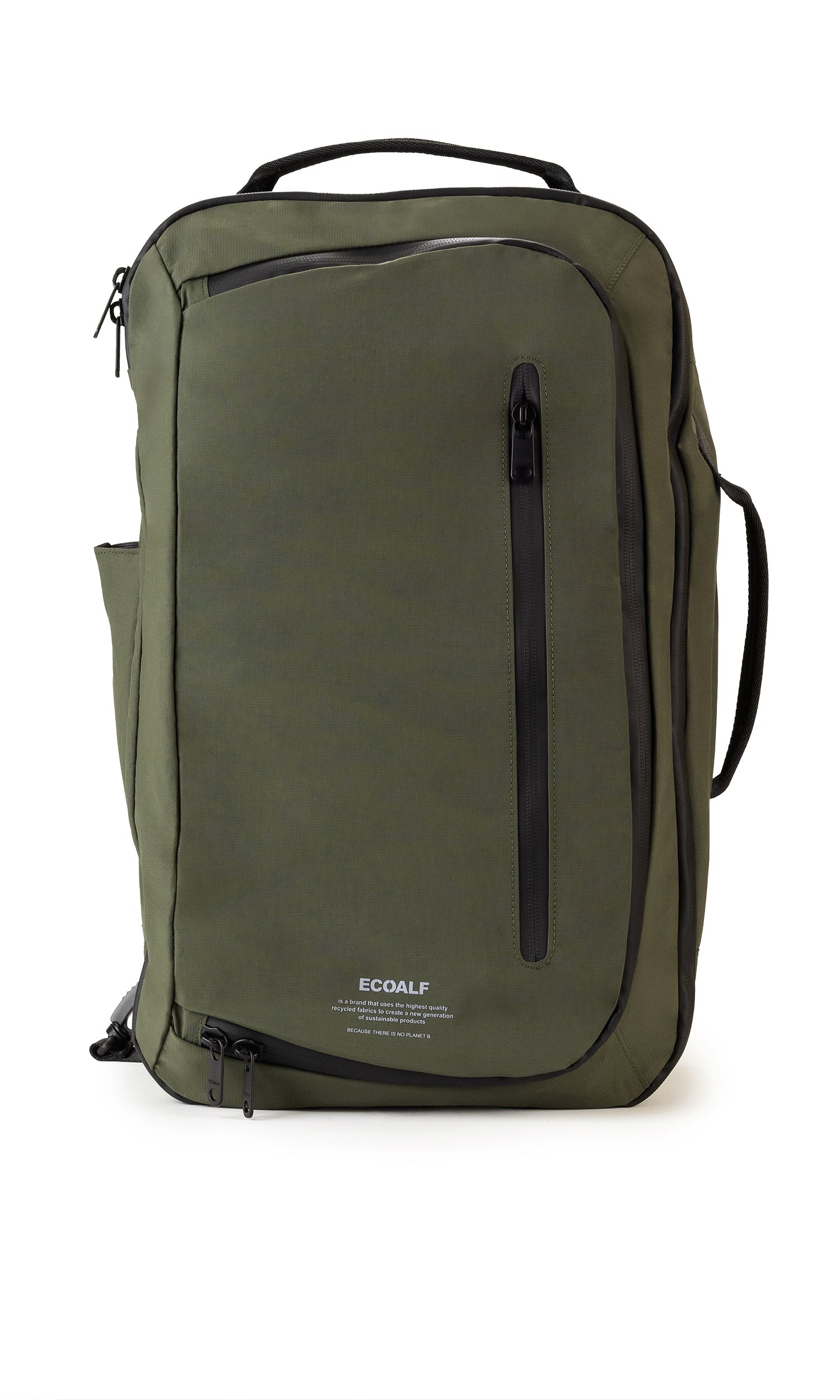 Olive green ECOALF backpack with black accents, zippered closure, and top handle.