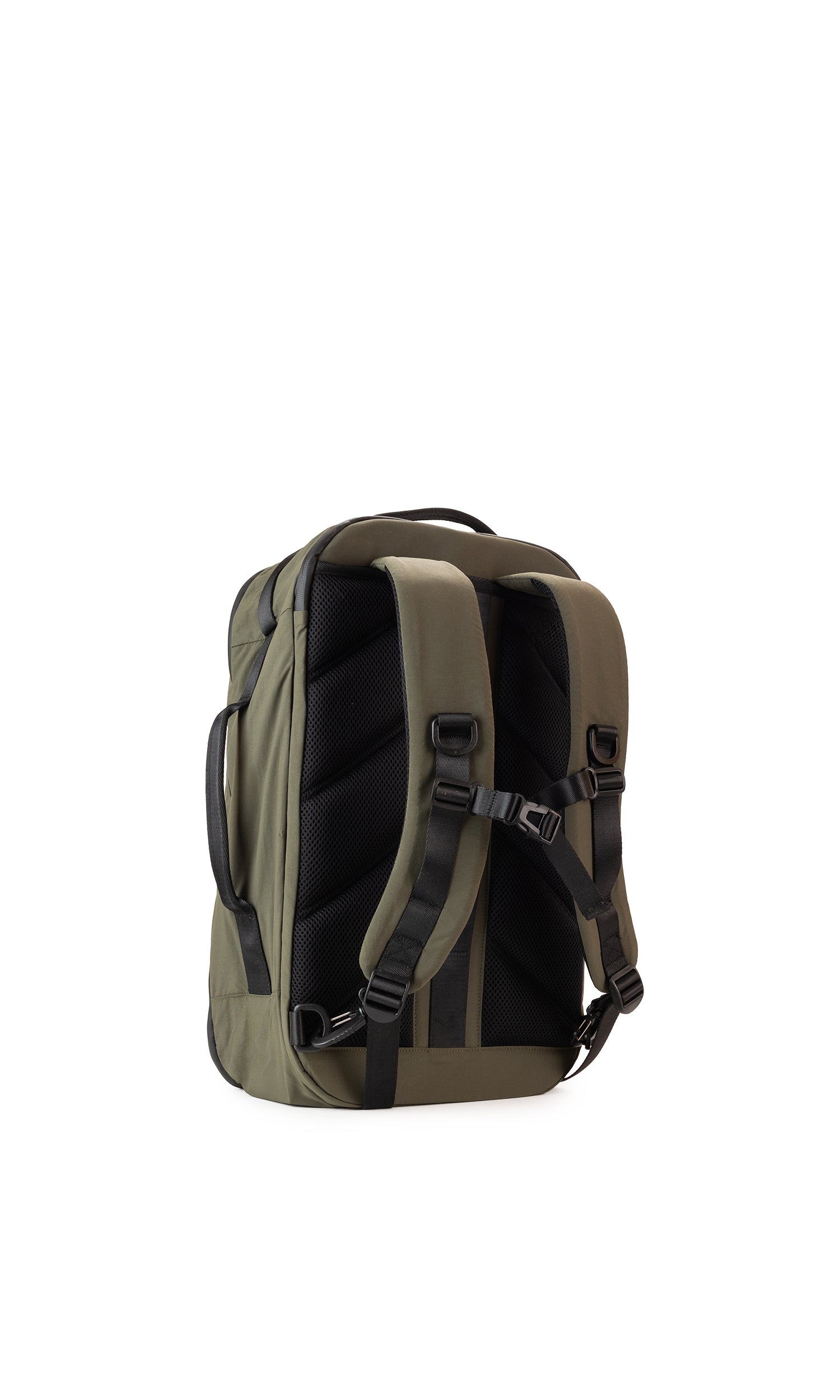 Olive green backpack with black straps and mesh back panel.