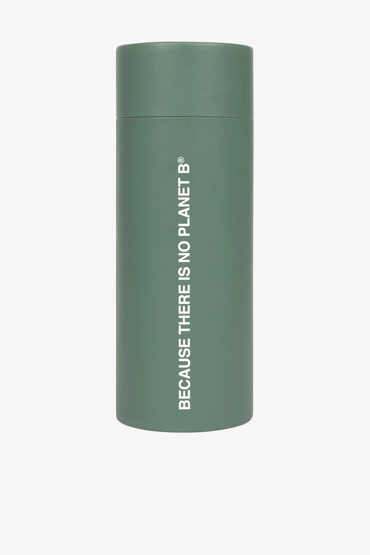 Green thermos with 'Because There Is No Planet B' text on a white background
