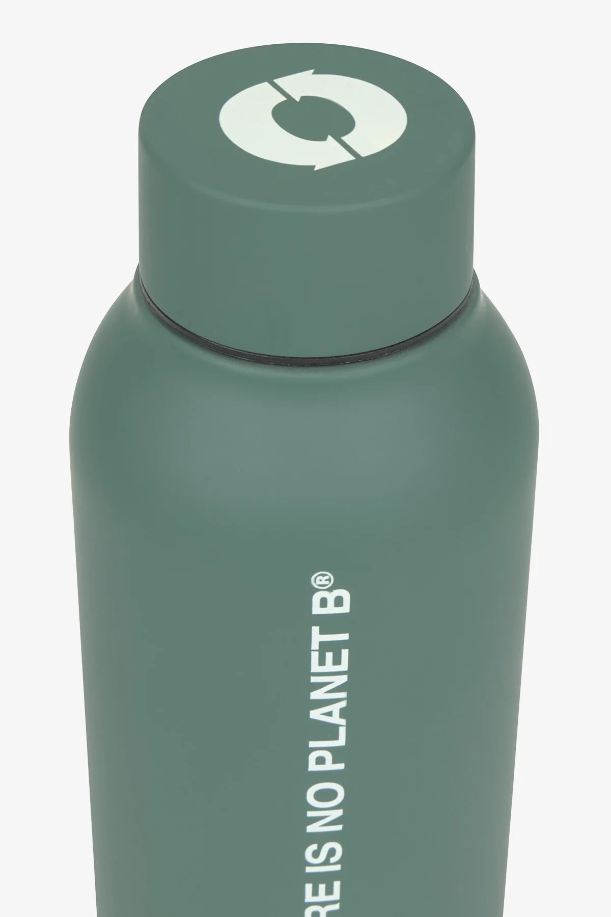 Green water bottle with a logo on the cap against a white background