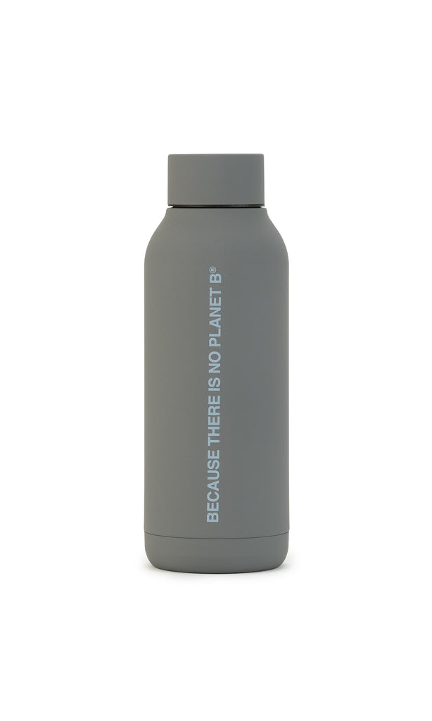 Ecoalf grey water bottle with a matte finish, featuring the text "BECAUSE THERE IS NO PLANET B" in light grey.