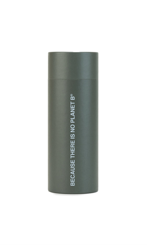 Ecoalf bottle in olive green, featuring the text "BECAUSE THERE IS NO PLANET B" printed in white.