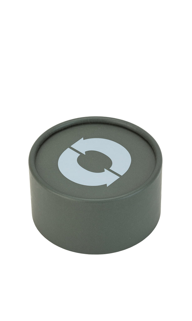 Round container in dark green with a light blue recycling symbol, branded Ecoalf.