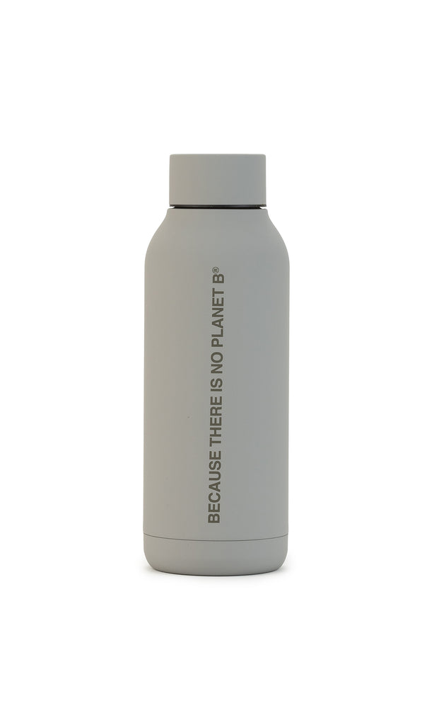 Ecoalf gray water bottle with the text "BECAUSE THERE IS NO PLANET B" in light gray.