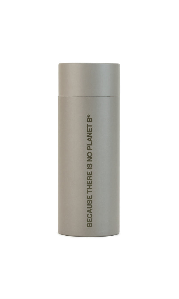 Ecoalf grey insulated bottle with the text "BECAUSE THERE IS NO PLANET B" in dark green.