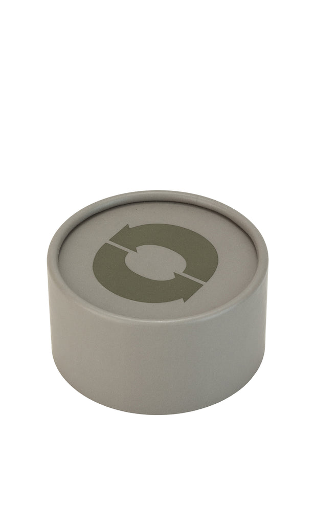 A grey circular container with a green recycling symbol on top, branded Ecoalf.