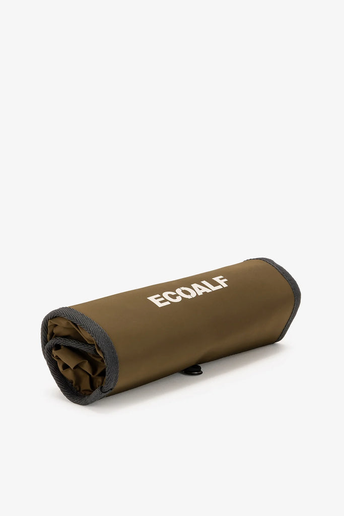 Olive green Ecoalf roll-up mat with gray trim, featuring the brand name in white lettering.